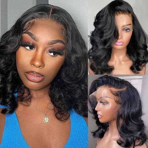 Body Wave 13x6 HD Lace Front Wigs Blend Human Hair 180% Density Bob Wig Pre Plucked Short Bob Wigs for Black Women Glueless Frontal Wig Synthetic Hair Natural Black Loose Wavy 16 Inch