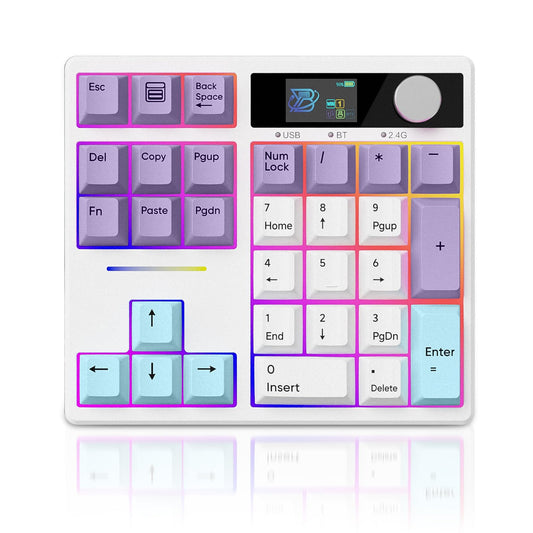 ZMX X BOYI TD31Pro Mechanical Number Pad,30 Keys Hot Swap Wireless BT5.0/2.4GHz/Type-C Wired Numeric Keypad Programmable RGB Gaming Numpad Keyboard with Knob Screen for Laptop/Mac (White-Purple)
