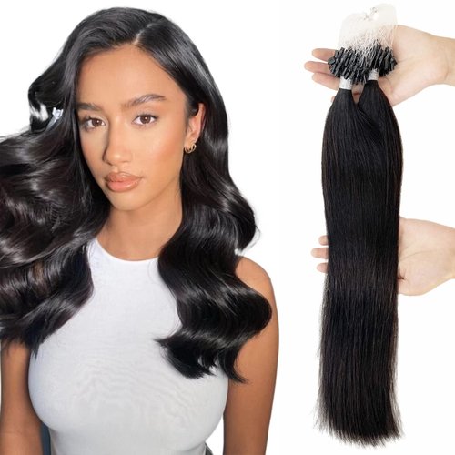 Misslala Microbead Hair Extensions 22 Inch Micro Links Human Hair Extensions Salon Quality Color #1B Off Black Micro Ring Hair Extensions Straight Natural Hair 50s 50g