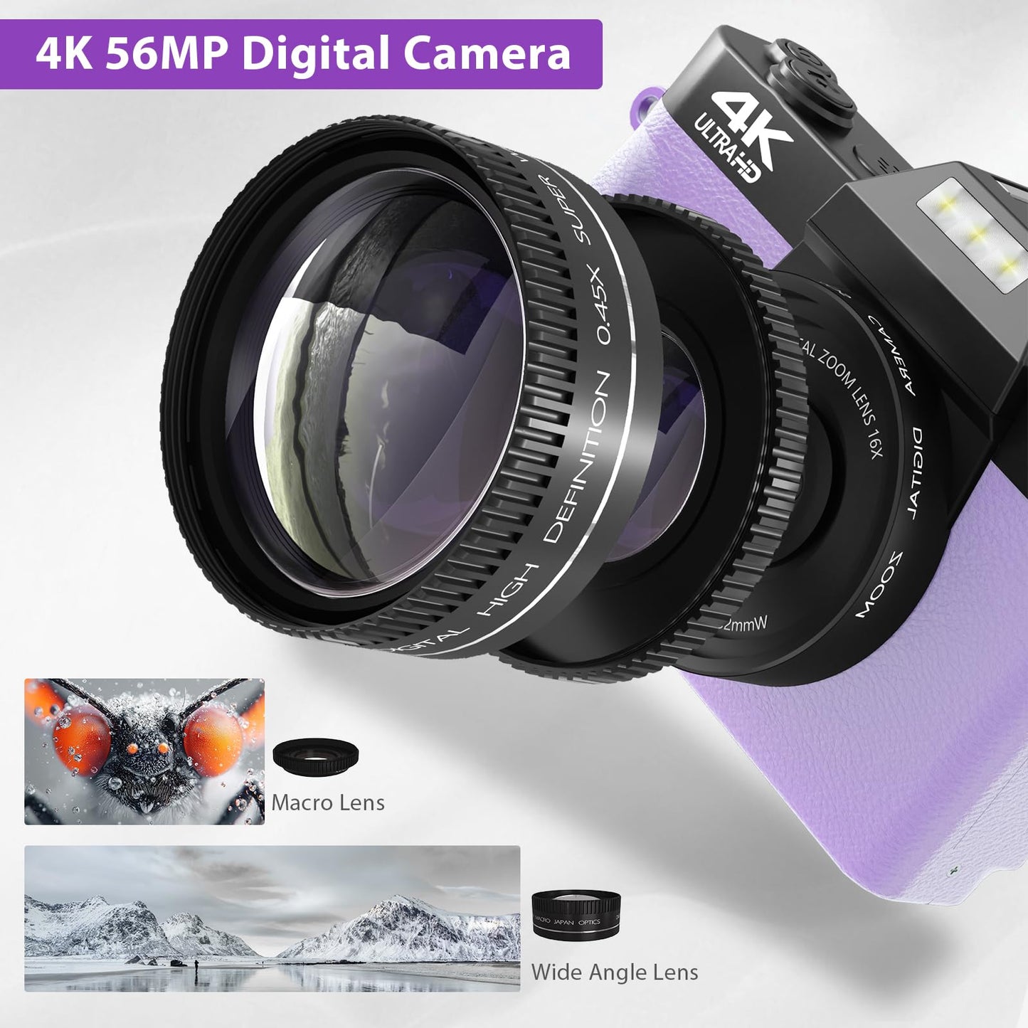 4K Digital Camera for Photography & Vlogging, 56MP YouTube Camera with WiFi, 3" 180° Flip Screen, 16X Digital Zoom, 52mm Wide Angle & Macro Lens, 32GB TF Card, 2 Batteries – Purple