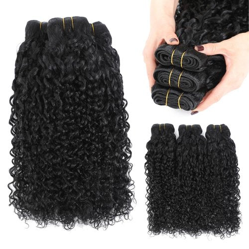 Pixie Curly Bundles Human Hair Water Wave Human Hair Bundles 10 12 14 Inch Kinkycurly Bundles 3c4a Quick Weave Water Wave with Spiral Curly End 100% Raw Virgin Hair Extensions 3pcs Wavy Natural Black