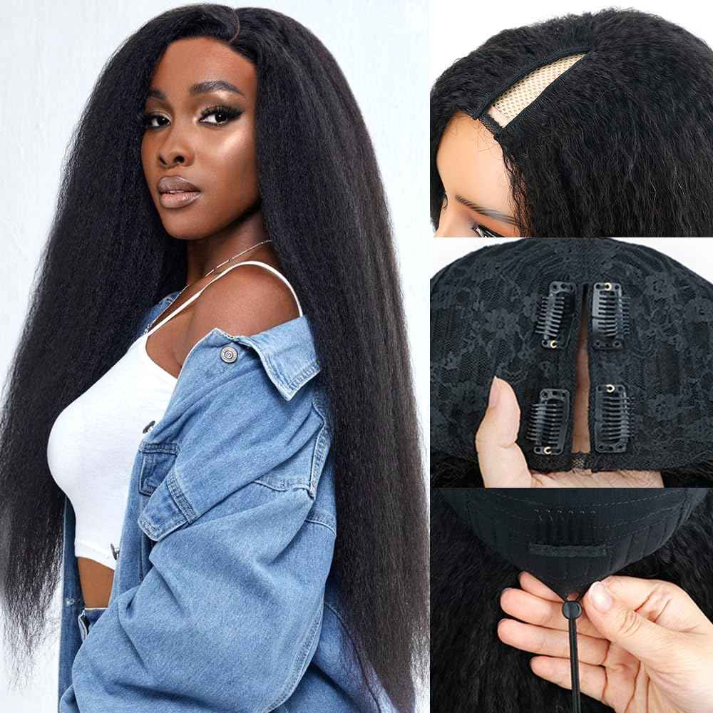 Goulus Kinky Straight V Part Wig Human Hair 14 Inch V Part Wig For Women with Drawstring 180% Density Upgrade Glueless U Part Wig No Leave Out No Sew In Kinky Straight Human Hair Wigs Natural Black