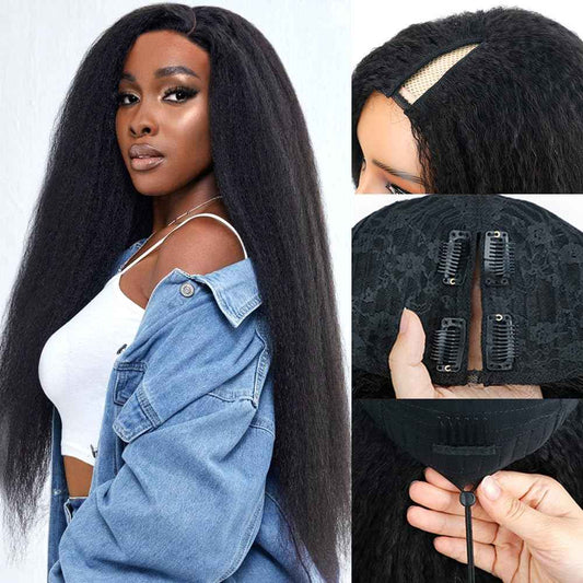 Goulus Kinky Straight V Part Wig Human Hair 14 Inch V Part Wig For Women with Drawstring 180% Density Upgrade Glueless U Part Wig No Leave Out No Sew In Kinky Straight Human Hair Wigs Natural Black