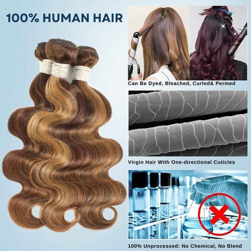 ALHER #P4/27 Honey Blonde Highlight Bundle 30 Inch Body Wave, 12A 100% Brazilian Remy Real Human Hair Piano Color Highlight Brown Balayage Ombre Colored Thick Single Bundle Wavy For Black Women