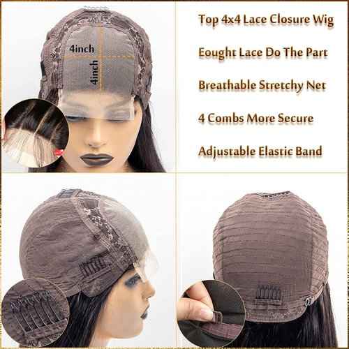 Ainimiu Straight Lace Front Wigs Human Hair Pre Plucked 180% Density Glueless 12A Brazilian Virgin Hair 4x4 Lace Closure Wig For Black Women Natural Black With Baby Hair 16inch