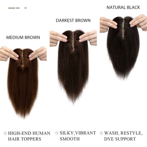 Hairro Human Hair Toppers for Women, Clip in Real Hairpieces, 130% Density 3"x5" Silk Base with Free Parting, for Covering Greyish Thinning Hair Loss/Adding Volume, 6 Inch Dark Brown