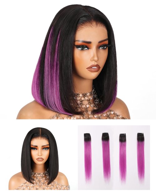 Arabella 12inch 6x6 Bob Wig Human Hair and 4 Pcs 1B/Purple Clip in Hair Extensions Ready to Go Glueless Wig Real 210% Density Straight Glueless Bob Wigs Human Hair Pre Cut Lace Pre Bleached Tiny Knots