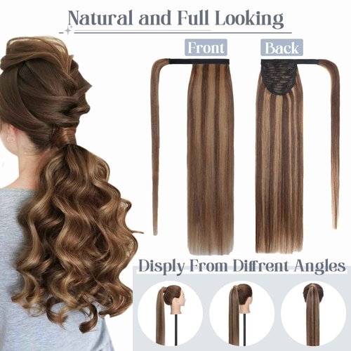 Rich Choices Ponytail Extension 100% Real Human Hair Wrap Around Remy Ponytail Extension for Women Clip In Long Pony tail Extensions Straight 15 Inch #4P27 Medium Brown Highlighted Dark Blonde