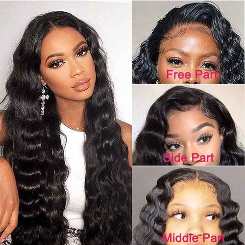 Bworto Loose Deep Wave Curly 13x4 lace Front wigs Human Hair Lace Frontal Wig Human Hair Natural Hairline Natural Black (Natural Color, 24 Inch)