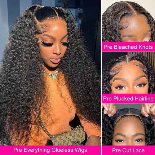 Hidden Strap Deep Wave 5x5 HD Lace Closure Wigs Human Hair Invisible Strap Bleached Konts Glueless Wigs Human Hair Pre Plucked Pre Cut 180% Denisty Deep Wave Closure Wigs with Drawstring 24 inch