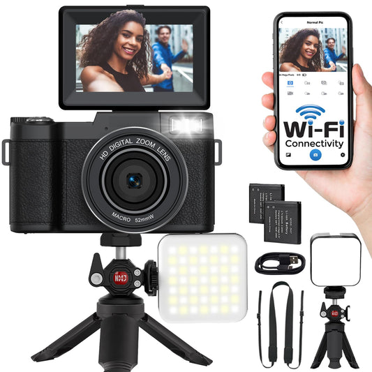5K Digital Camera with WiFi 64MP Autofocus Full HD Vlogging Camera for YouTube Point and Shoot Camera with Flip Screen Photography Cameras for Beginners with Selfie Light, Mini Tripod, Batteries