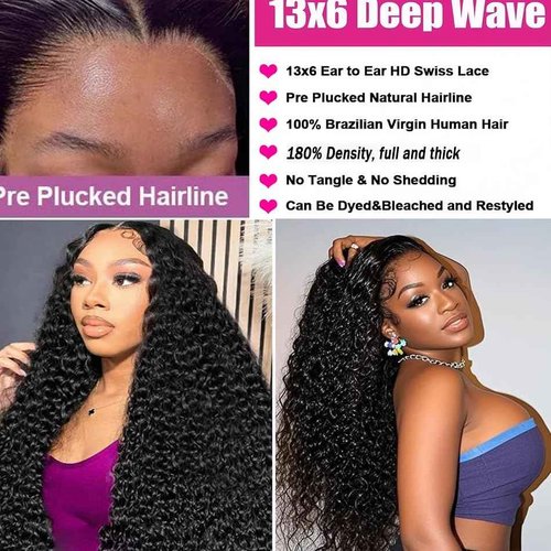 UDJLH 13x6 Deep Wave Lace Front Wigs Human Hair Curly Human Hair Wig for Women HD Deep Curly Lace Frontal Wigs Glueless Human Hair Pre Plucked with Baby Hair Natural Color (22 Inch-12A)