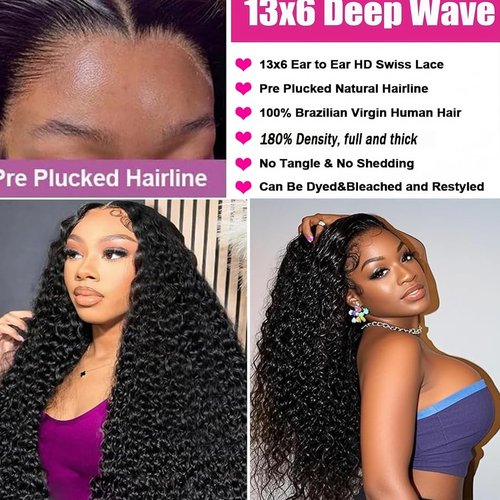 UDJLH 13x6 Deep Wave Lace Front Wigs Human Hair Pre Plucked Wet And Wavy Lace Front Wigs Human Hair 180% Density Brazilian Curly Human Hair Lace Front Wigs (18 Inch-12A)