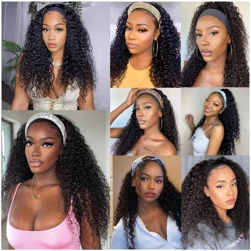 NICMISS Deep Wave Headband Wig Human Hair 22 Inch Curly Headband Wigs for Black Women Human Hair Glueless None Lace Front Wig Brazilian Virgin Hair Wear and Go Wigs 150% Density Natural Black Color