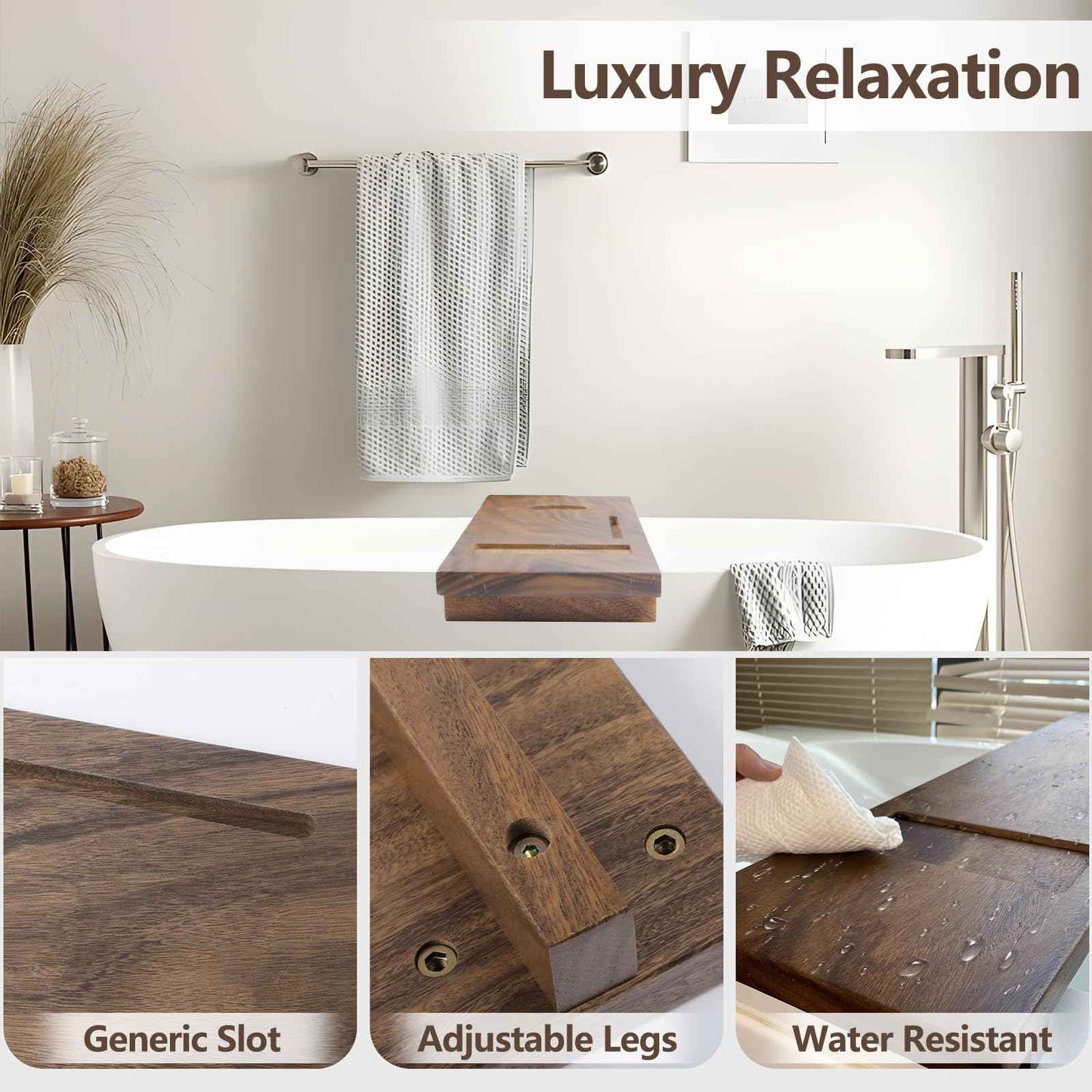 Graceware Solid Walnut Bathtub Tray, 35"x9"x2.5", Adjustable Feet, Anti-Tipping, Luxury Bathroom Accessory