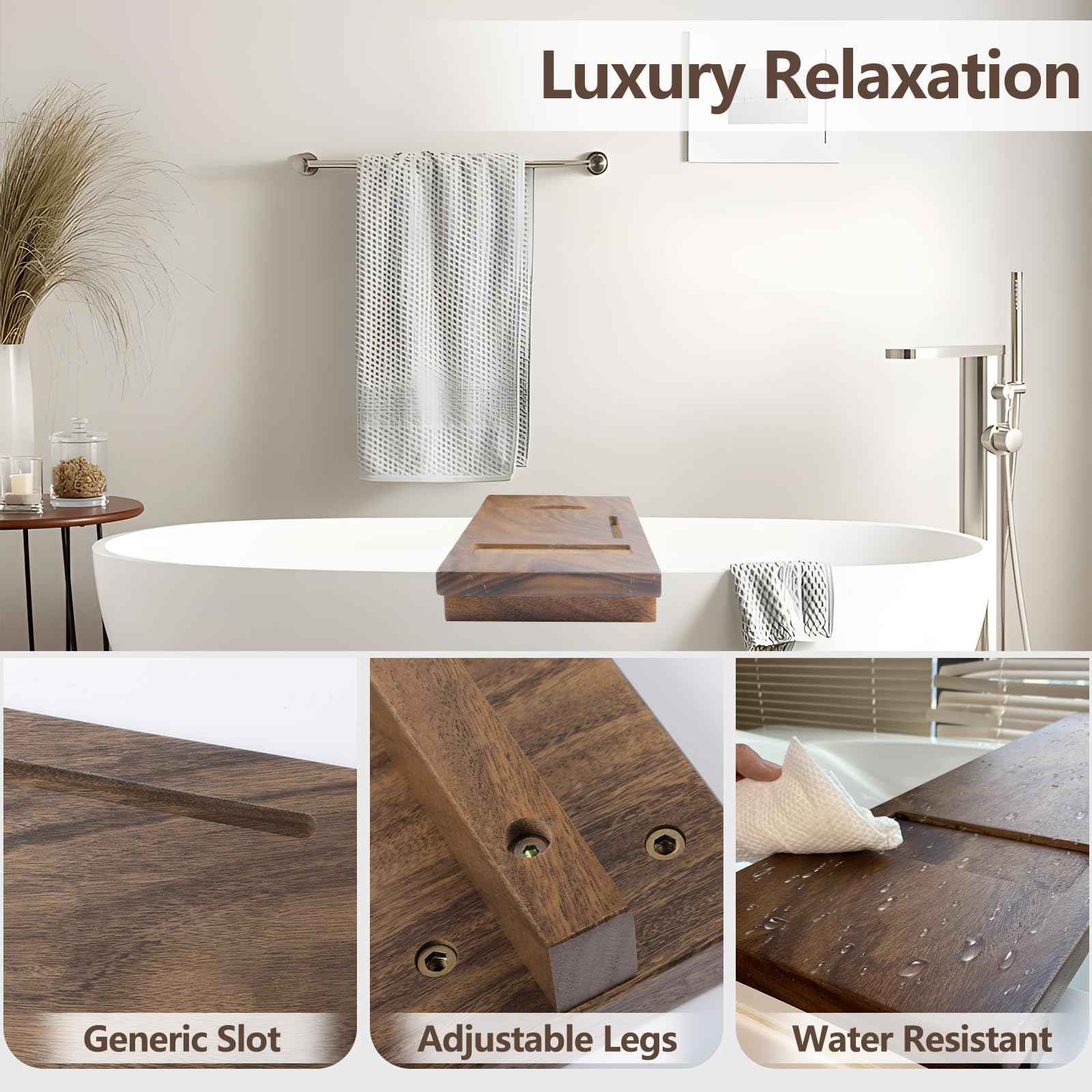 Graceware Solid Walnut Bathtub Tray, 35"x9"x2.5", Adjustable Feet, Anti-Tipping, Luxury Bathroom Accessory