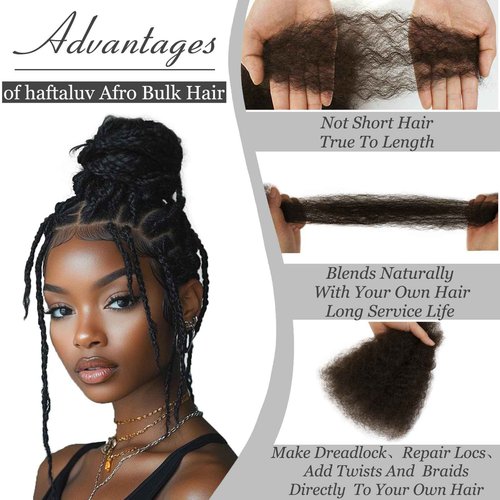 Haftaluv Afro Kinkys Bulk Human Hair 100g 14 Inch Chocolate Brown Afro Kinky Curly Human Hair Bulk for Dreadlock Extensions, Micro Locs, Braiding Twists, Braids and Repair Locs(14 Inch, 4#)