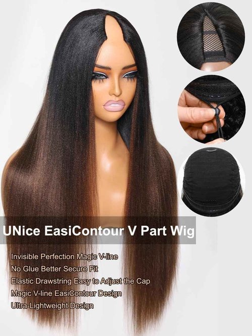 UNICE V Part Wigs Human Hair Yaki Straight Clip in Vpart Glueless Human Hair Wig No Sew in No Glue Ombre Chestnut Brown Beginner Friendly 150% Density 18 inch