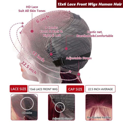 24 Inch Burgundy Wig Human Hair 13x6 Burgundy Lace Front Wigs Human Hair 200 Density HD Lace Front Wigs Glueless Wine Red Body Wave Lace Front Wigs Pre Plucked for Women