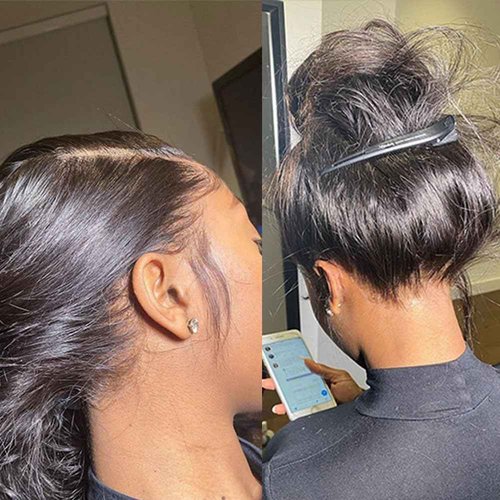 QTIKER Full Lace Human Hair Wigs Transparent Lace Silky Straight Whole Lace Cap Remy Hair Extension Pre Plucked Glueless Free Parting Wig (10inch, Straight)