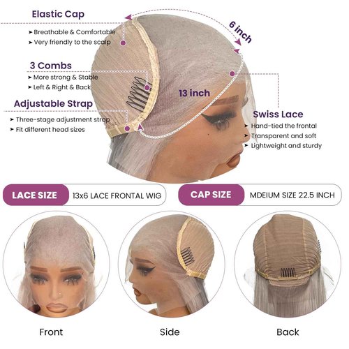 Ubetta 13x6 Grey Lace Front Wigs Human Hair, 24 Inch Silver Gray Glueless Wig Human Hair Pre Plucked HD Lace Front Wigs Silver Grey 180% Density Straight Lace Frontal Wig for Black Women