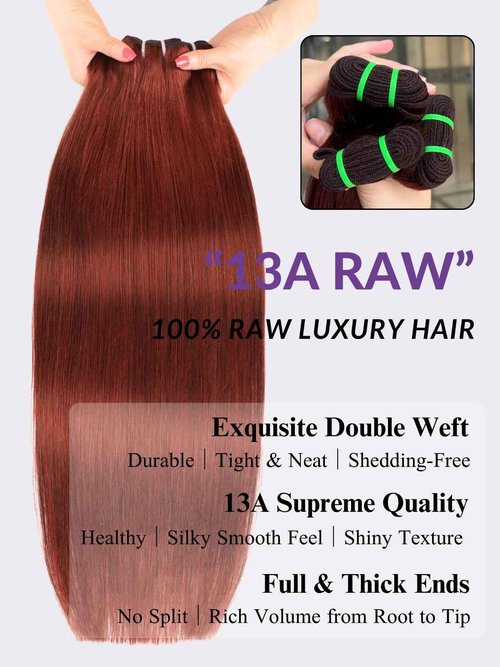 HERMOUS 13A Double Drawn Reddish Brown Straight Human Hair Bundles, Full and Thick Copper Red 100% Brazilian Raw Hair 3 Weave Auburn Colored 33B Brownish Straight Bundles 12 14 16 Inch Sew In