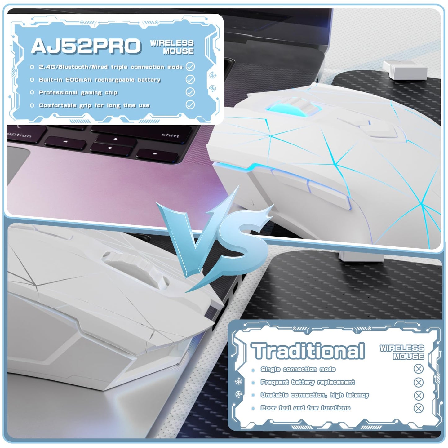 AJ52PRO Wired Wireless Bluetooth Gaming Mouse with RGB LED Backlight Adjustable 10000DPI Ergonomic 7 Programmable Button Rechargeable 800mAh Battery 2.4Ghz USB Receiver for PC Mac PS4 Gamer(StarWhite)