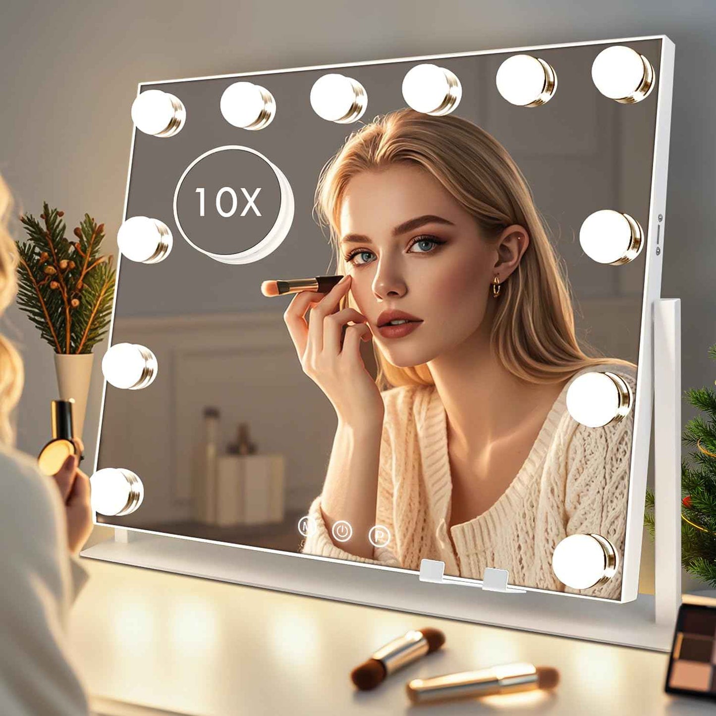 Hollywood Makeup Mirror with Lights,22" X 17" Lighted Vanity Mirror with 3 Light Modes, Detachable 10X Zoom Magnifying Mirror, 360 Rotatable, Metal Frame,Touch Control,AC-Powered, Gifts, White