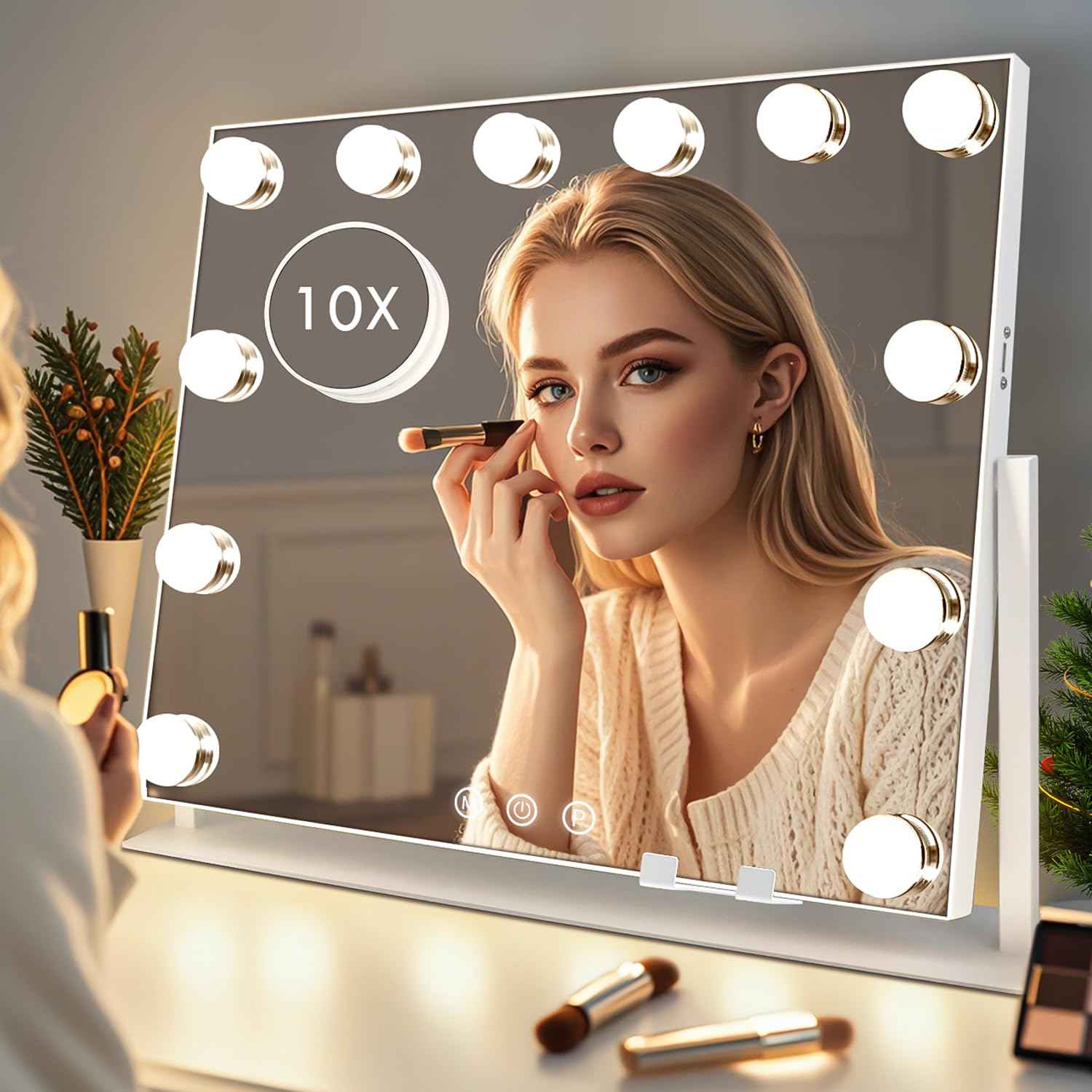 Hollywood Makeup Mirror with Lights,22" X 17" Lighted Vanity Mirror with 3 Light Modes, Detachable 10X Zoom Magnifying Mirror, 360 Rotatable, Metal Frame,Touch Control,AC-Powered, Gifts, White