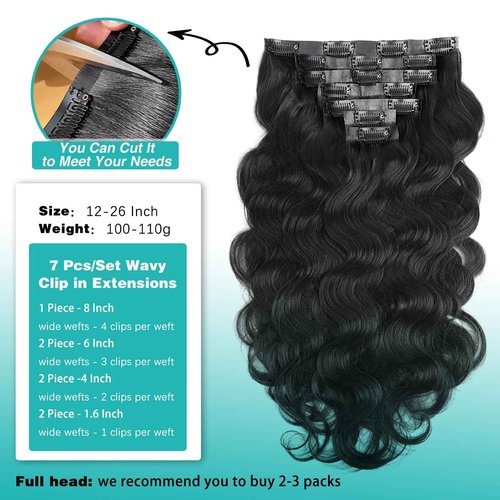 Liqusee Seamless Clip In Hair Extensions Real Human Hair Invisible PU Skin Weft Body Wave Clip Ins 100% Unprocessed Brazilian Remy Human Hair Extensions 7pcs with 16Clips 110g（Natural Black,24 inch）