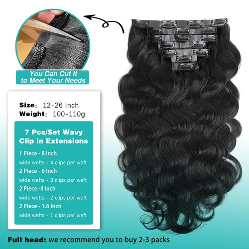 Liqusee Seamless Clip In Hair Extensions Real Human Hair Invisible PU Skin Weft Body Wave Clip Ins 100% Unprocessed Brazilian Remy Human Hair Extensions 7pcs with 16Clips 110g（Natural Black,22 inch）