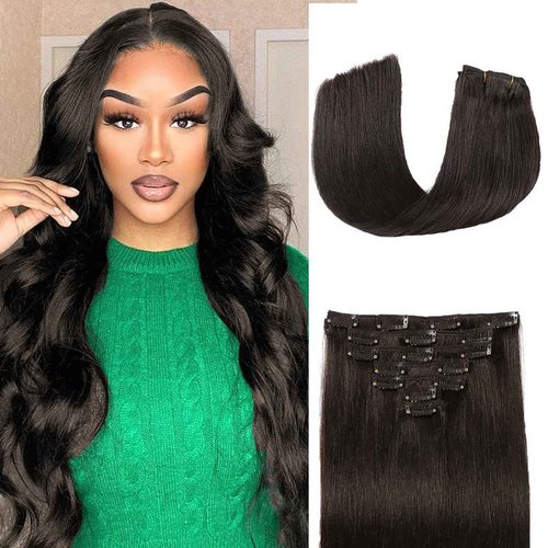 Clip in Hair Extensions Real Human Hair Straight 16 Inch 7pcs 120g Clip ins Hair Extensions Brazilian Remy Human Hair 16 Clips Double Weft Human Hair For Women (16 Inch, 1B Natural Black)