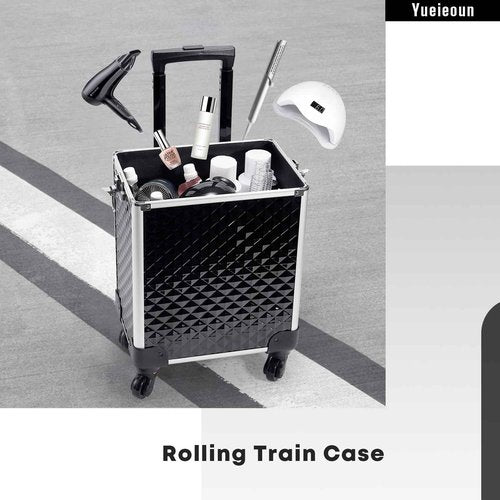 Yueieoun Rolling Makeup Train Case, 4-in-1 Cosmetology Case on Wheels, Nail Tech Cart for Travel, Professional Cosmetic Vanity Case, Suitcase for MUA/Manicure/Tattoo/Style, Lockable Storage Box, Black