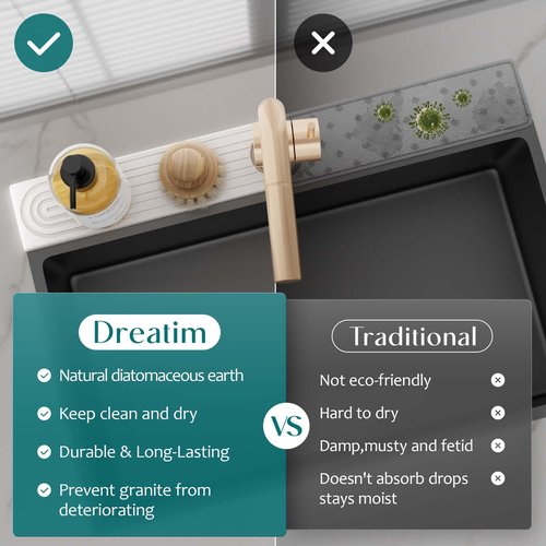 eormoe Diatomite Kitchen Faucet Mat - 14Inch Water Absorbing Stone Tray for Sink, Stone Fast-Drying Faucet Mat for Kitchen Counter Sink Accessories (Light Grey, 14'' x 3.9'')
