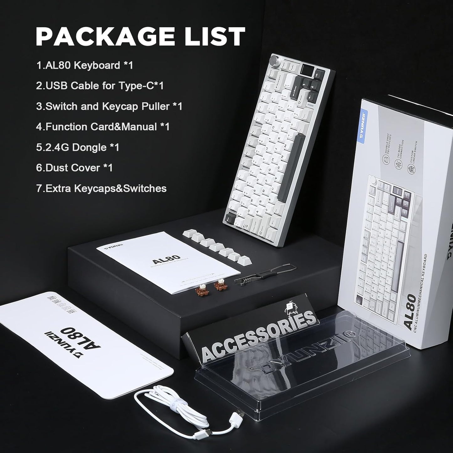 YUNZII AL80 Wireless Mechanical Keyboard,Full Aluminum CNC, Smart LCD Display,Hot Swappable Gasket Mount 75% Layout with Knob,BT/2.4G/USB-C,QMK/VIA Support for Win/Mac (Silver, Cocoa Cream V2 Switch)