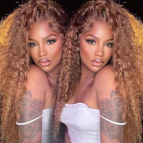 Ladoux Ombre Lace Front Wig Human Hair 13x4 HD Transparent Deep Wave for Women 180% Density 4/27 Honey Blonde Colored Highlight Curly Glueless Wigs 20Inch Pre Plucked with Baby Hair