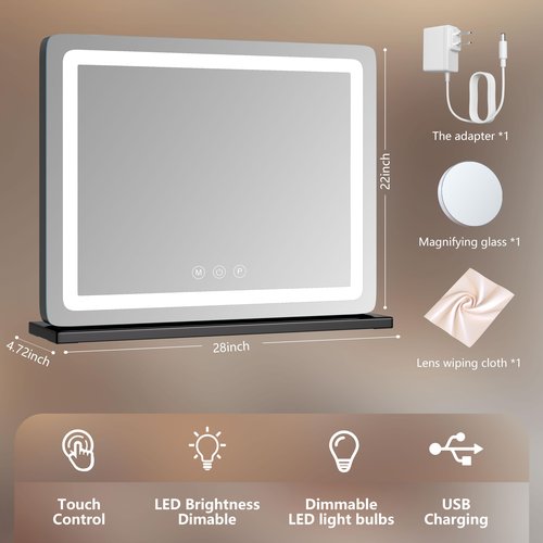 Gvnkvn Makeup Vanity Mirror with USB Charging Port 28" x 22" Large LED Makeup Mirror, Desk Mirorr with Lights, Light up Mirror with 10X Magnification and, Dimmable 3 Modes, Touch Control Black