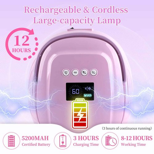 BOMOQING 126W Rechargeable UV LED Nail Lamp, Portable Cordless Nail Dryer with Auto Sensor and 4 Timer Settings, Professional Curing Lamp for Gel Polish and Salon (Purple)