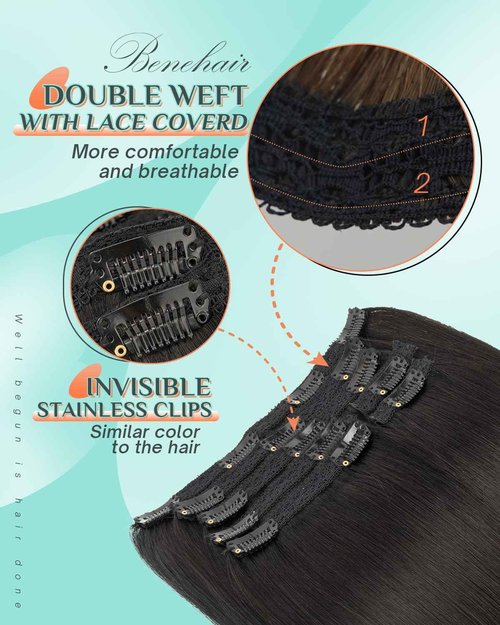 Benehair Clip in Hair Extensions Real Human Hair 22inch Double Weft Natural Black Hair Extensions Clip in Human Hair Invisible Lace Weft Straight Hair Extensions Clip ins 7pcs with 16 Clips 130g #1B