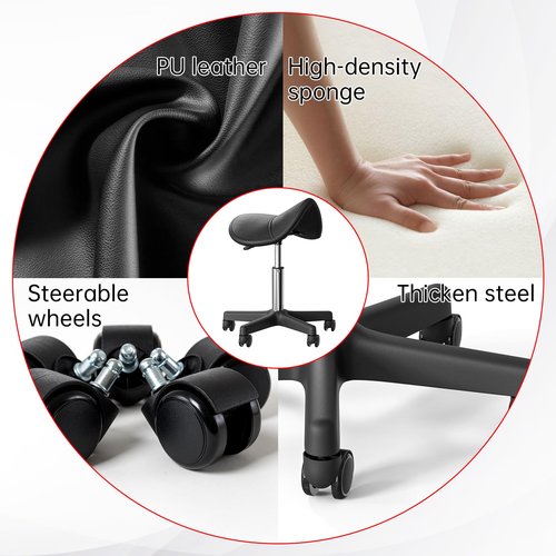 CLORIS Saddle Rolling Stool Hold up to 400 LBS Height Adjustable Swivel Chair Nylon Feet with Wheels for Spa, Massage, Salon, Home, Office, Medical, Tatoo, Bar Black