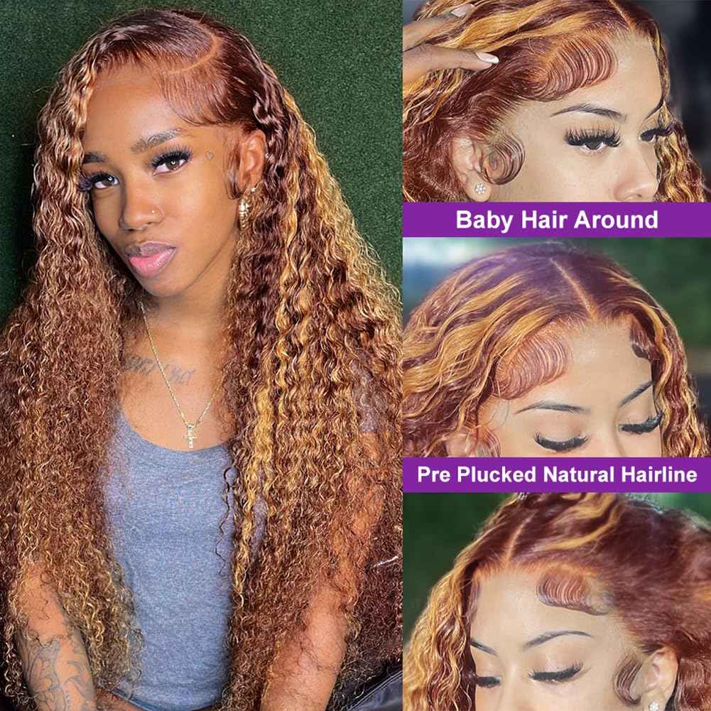 Highlight Ombre 13x6 Deep Wave Lace Front Wigs Human Hair Wet and Wavy 180 Density Curly Honey Blonde 4/27 HD Lace Frontal Wig for Women Pre Plucked Bleached Knots 26 Inch