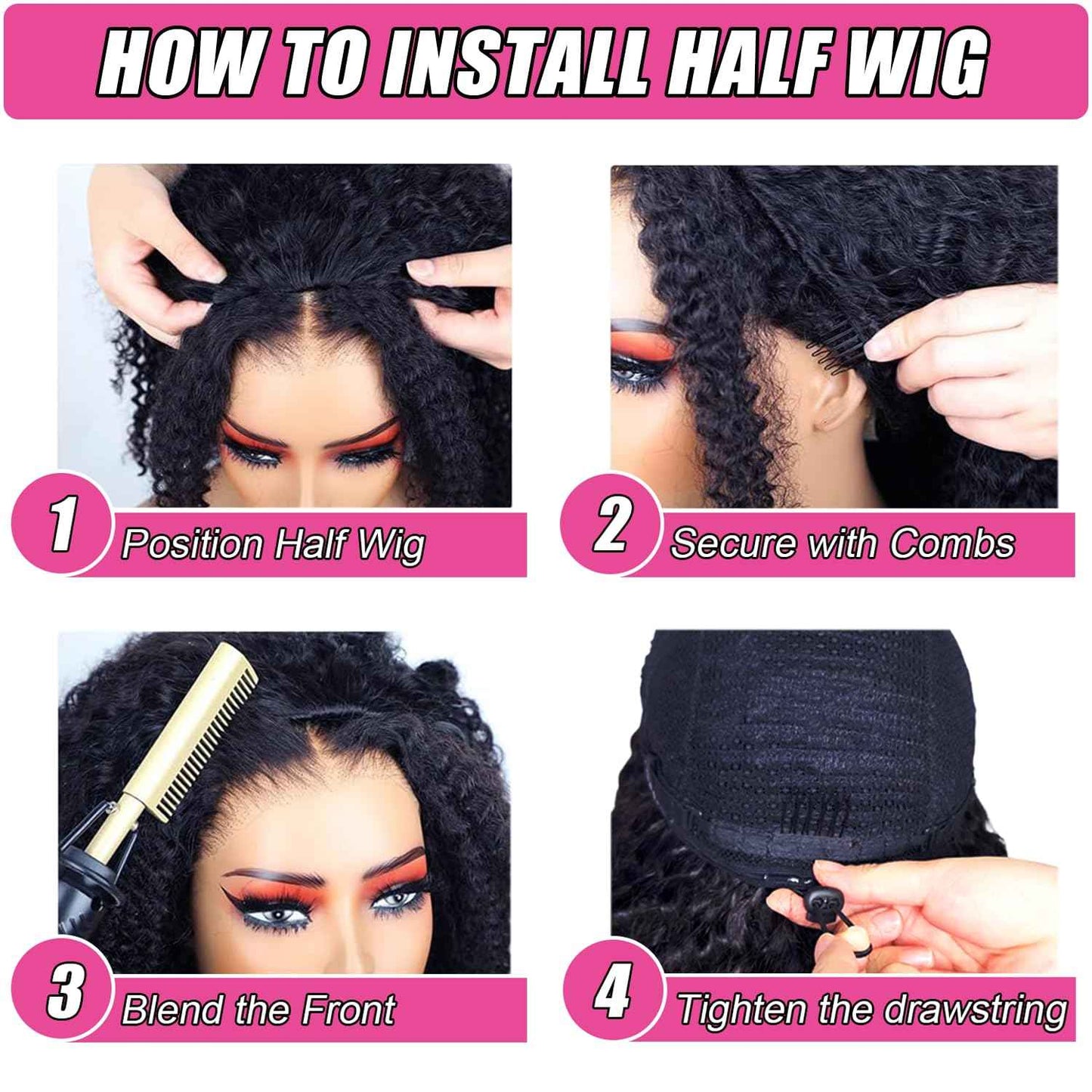 Half Wig Human Hair Deep Wave 200% Density Curly Half Wig Drawstring Seamless Flip Over 3 In 1 Half Wigs for Black Women Wear and Go Glueless Headband Wig Human Hair Beginner Friendly 16 Inch