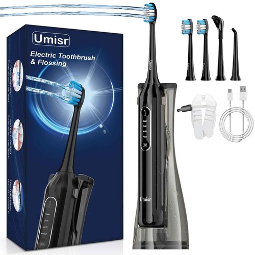 Toothbrush w Water Flosser Combo for Adults, 4-in-1 Rechargeable Toothbrushes Teeth Cleaner, 7 Modes Toothbrush & Water Flosser Portable IPX7 Waterproof Tooth flossing Cleaning for Home Travel
