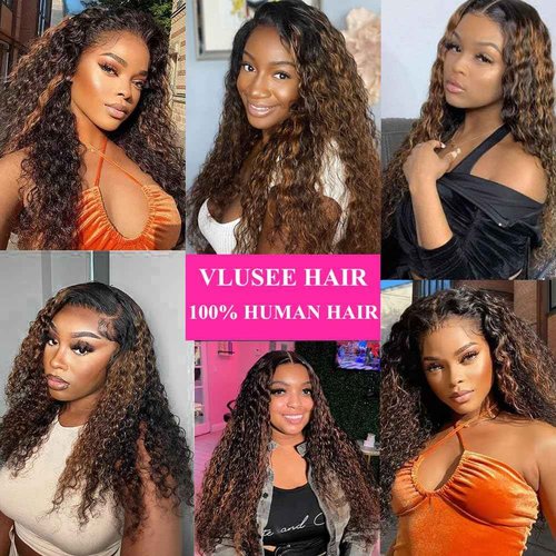 Vlusee 1B/30 Deep Wave Lace Front Wigs Human Hair Pre Plucked Balayage Ombre Brown Curly Lace Front Wig Human Hair13x4 HD Lace Frontal Glueless Wigs for Women 180% Density 26 Inch