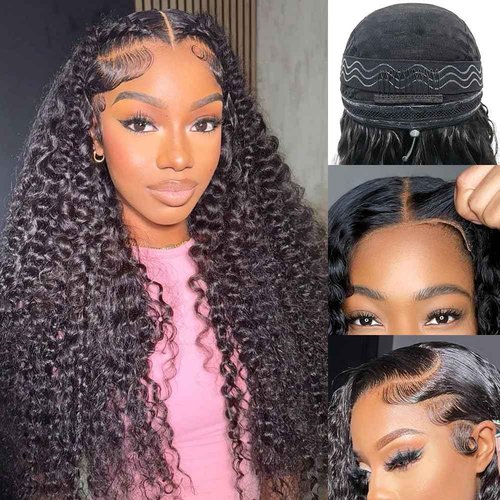 Hidden Strap Deep Wave 5x5 HD Lace Closure Wigs Human Hair Invisible Strap Bleached Konts Glueless Wigs Human Hair Pre Plucked Pre Cut 180% Denisty Deep Wave Closure Wigs with Drawstring 24 inch