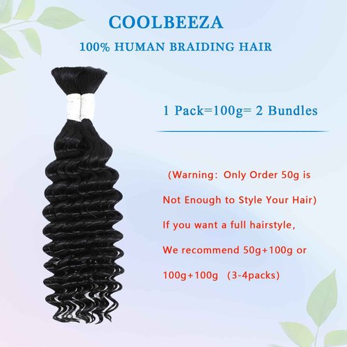 Coolbeeza Human Braiding Hair 22 Inch Deep Water Wave Bulk Human Hair for Braiding 12A Brazilian Virgin Curly Hair for Boho Braids Wet and Wavy No Weft 2 Bundles 100g Hair Extensions