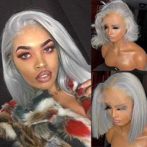 Benafee Grey Silver Bob Wig Human Hair 13x4 HD Lace Front Wig Glueless Wigs Human Hair Pre Plucked Gray Short Bob Lace Frontal Wigs for Black Women Nature Hairline 180% Density 12 Inch
