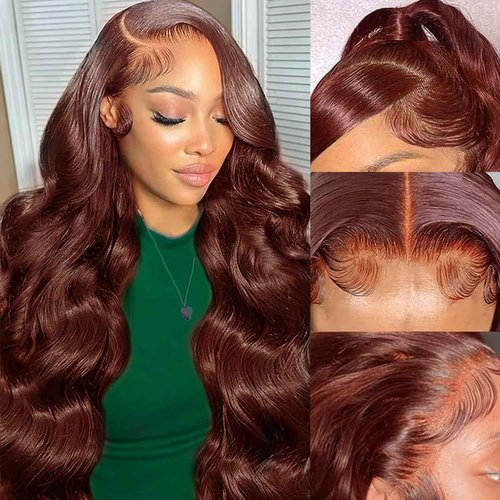 Royal Lady 28 Inch 13x6 Reddish Brown Lace Front Wigs Human Hair Pre Plucked Body Wave 13x6 HD Lace Frontal Wig for Women 220% Density Auburn Brown Colored Frontal Wigs Human Hair