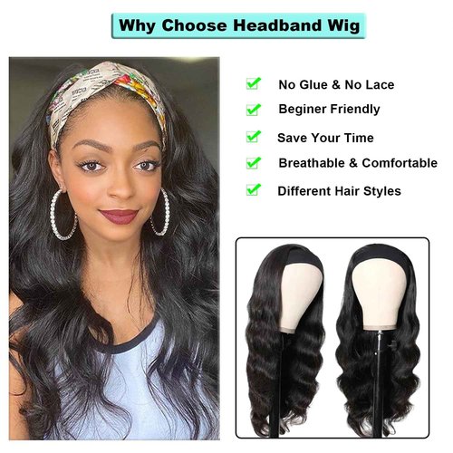 Justres Body Wave Headband Wigs Human Hair for Black Women 18 Inch None Lace Front Head bandWigs 180% Density Glueless Wear and Go Wig Machine Made Headband Wigs Natural Black Color