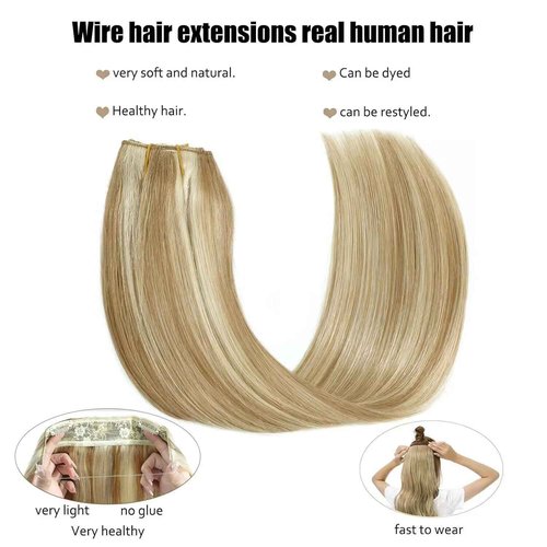 Ugrace Real Human Hair Clip in Extensions with Invisible Fish Line - Straight Hair (14 inch, Highlight Color P16/613)